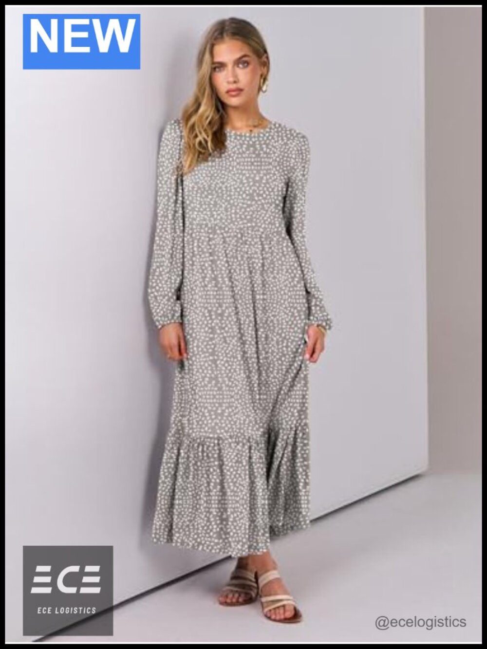 Women's Long Sleeve Flowy Tiered Midi Dress A-Line Crew Neck Pockets - Picture 5 of 6